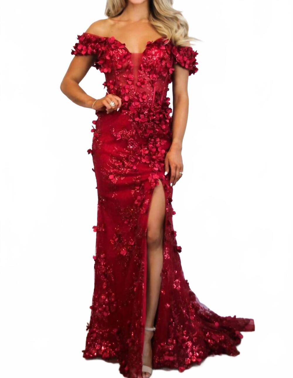 NEW CINDERELLA DIVINE liliana floral applique formal dress in burgundy